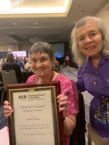 AABT Treasurer Donna Brown receiving the ACB Margarine G. Beaman Volunteer Award in recognition of her many mentoring and leadership activities within ACB, St. Louis, MO, July 30, 2026